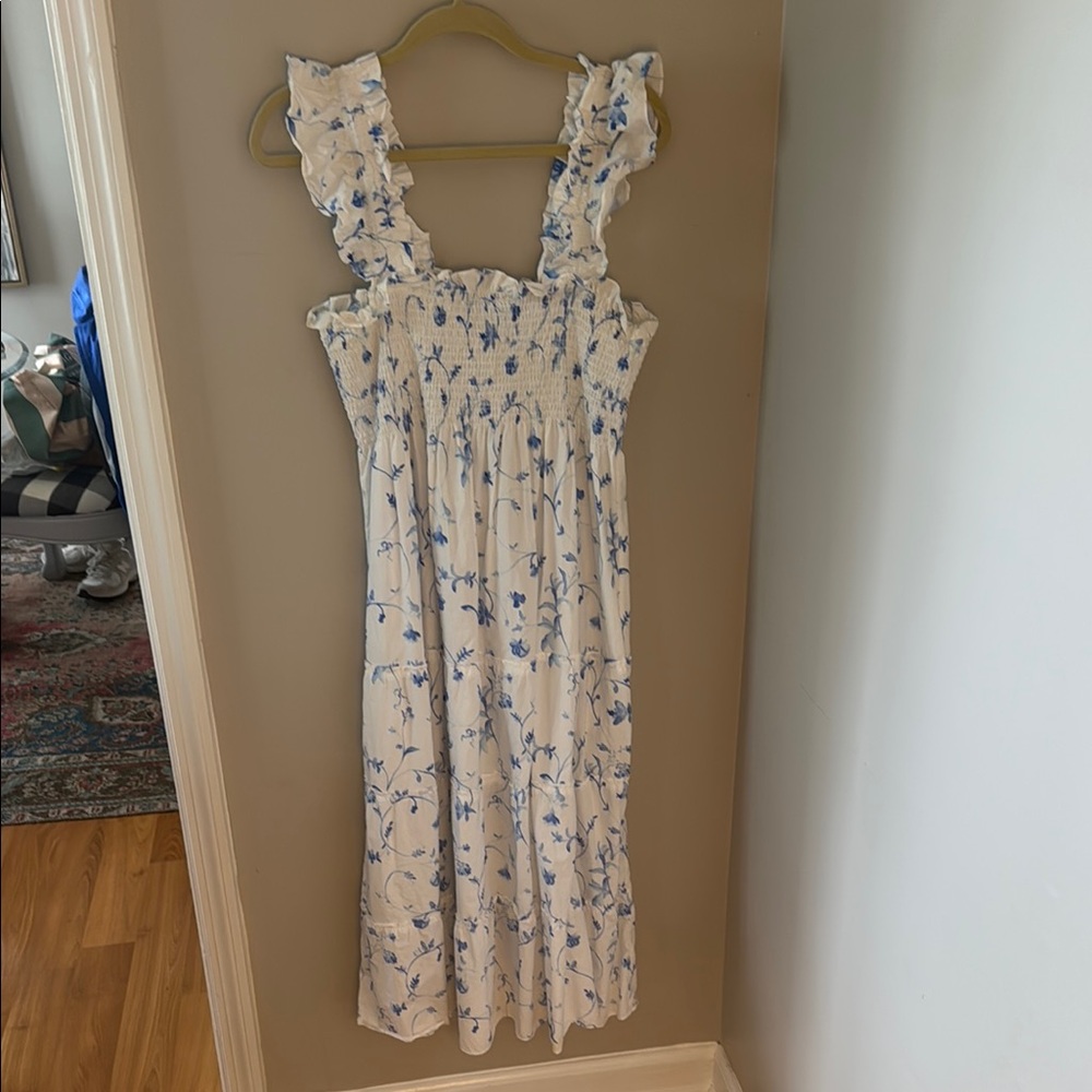 Hill House Ellie Style White Midi Dress with Blue Floral Print - Picture 3 of 7